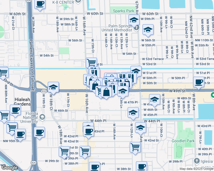 map of restaurants, bars, coffee shops, grocery stores, and more near 211 West 49th Place in Hialeah