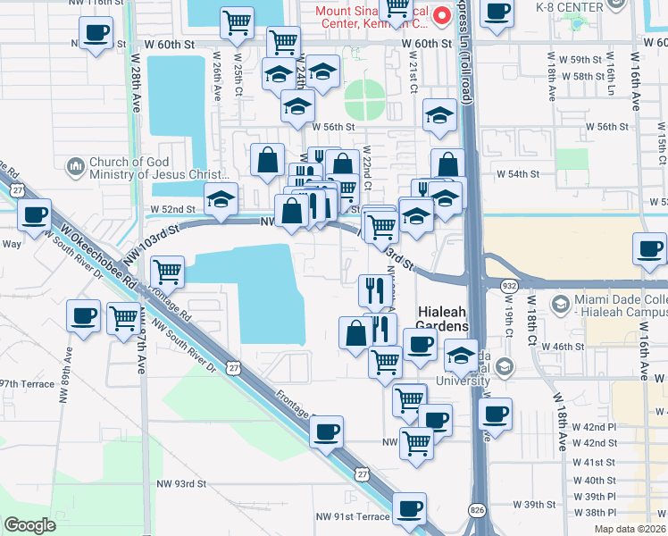 map of restaurants, bars, coffee shops, grocery stores, and more near 316 Northwest 80th Court in Hialeah Gardens