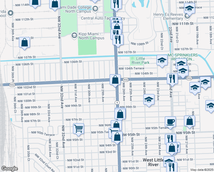 map of restaurants, bars, coffee shops, grocery stores, and more near 2810 Northwest 102nd Street in Miami