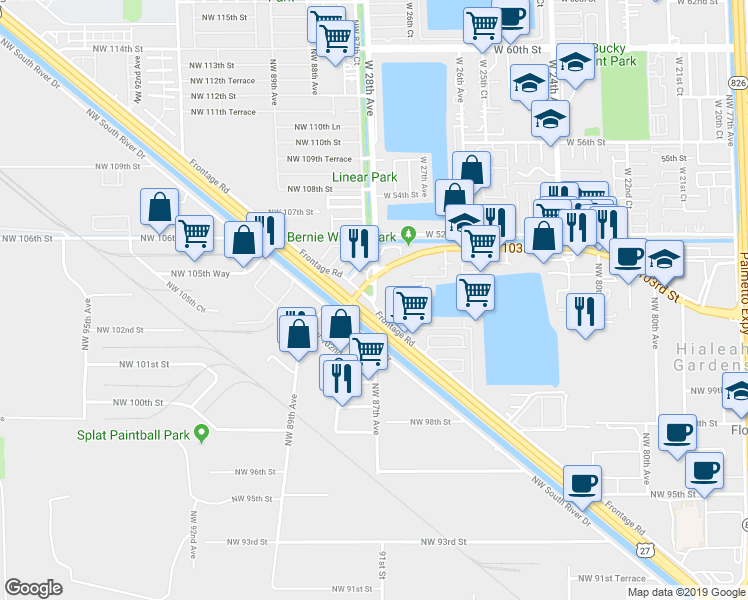 map of restaurants, bars, coffee shops, grocery stores, and more near 10082 Northwest 87th Avenue in Hialeah Gardens