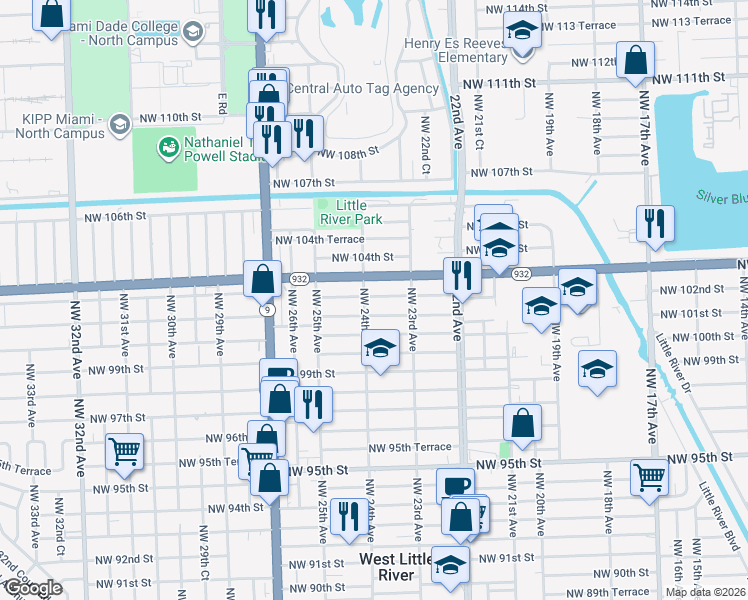 map of restaurants, bars, coffee shops, grocery stores, and more near 2382 Northwest 102nd Street in Miami