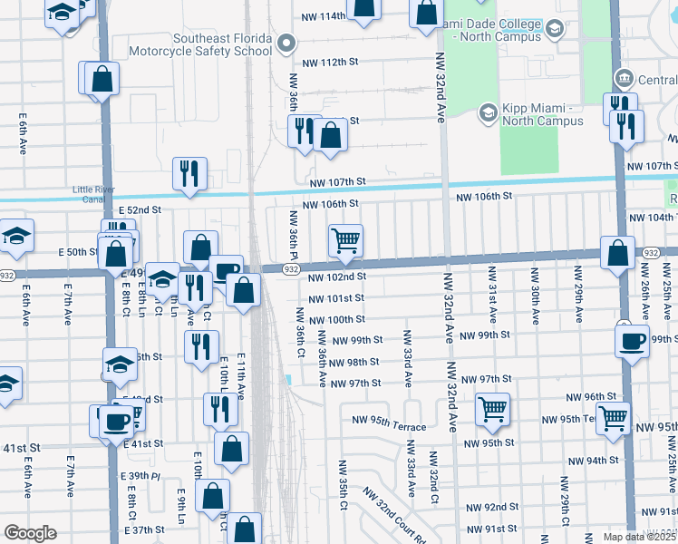 map of restaurants, bars, coffee shops, grocery stores, and more near 3555 Northwest 102nd Street in Miami