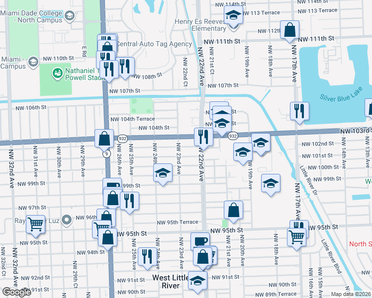 map of restaurants, bars, coffee shops, grocery stores, and more near 2238 Northwest 102nd Street in Miami