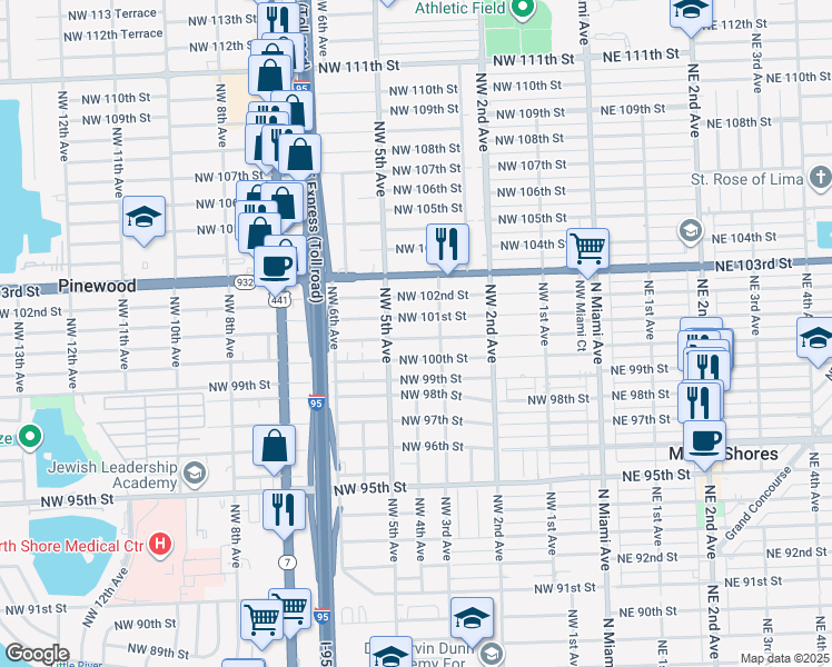 map of restaurants, bars, coffee shops, grocery stores, and more near 413 Northwest 100th Terrace in Miami