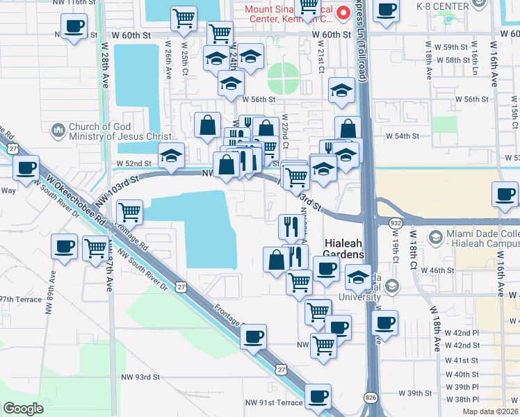 map of restaurants, bars, coffee shops, grocery stores, and more near 316 Northwest 80th Court in Hialeah Gardens