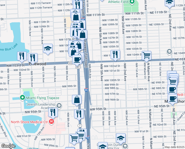 map of restaurants, bars, coffee shops, grocery stores, and more near 596 Northwest 101st Street in Miami