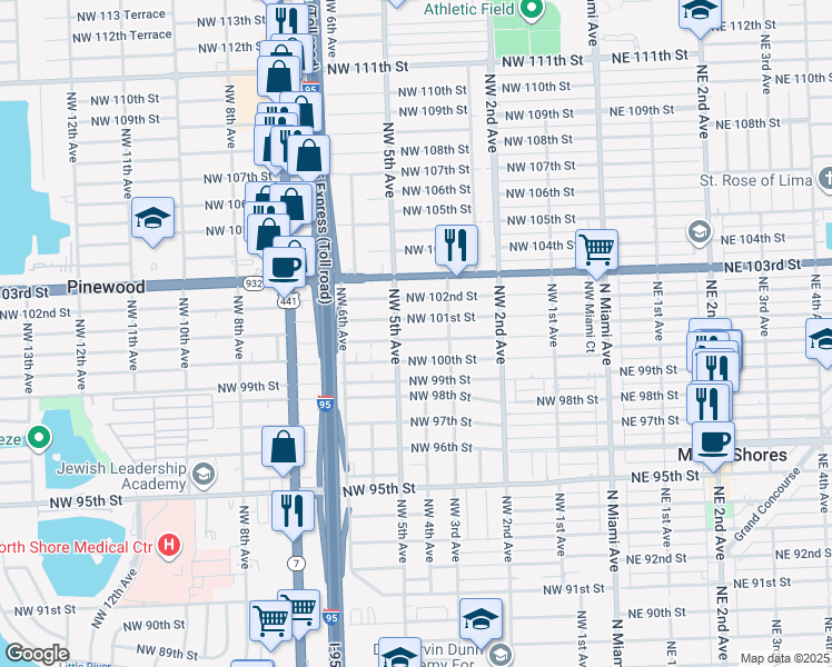 map of restaurants, bars, coffee shops, grocery stores, and more near 413 Northwest 100th Terrace in Miami