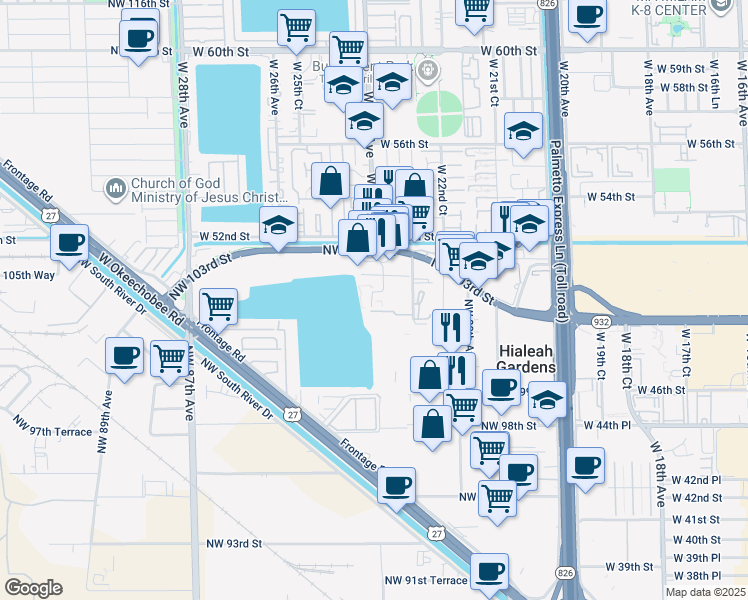 map of restaurants, bars, coffee shops, grocery stores, and more near 208 Royal Palm Road in Hialeah Gardens
