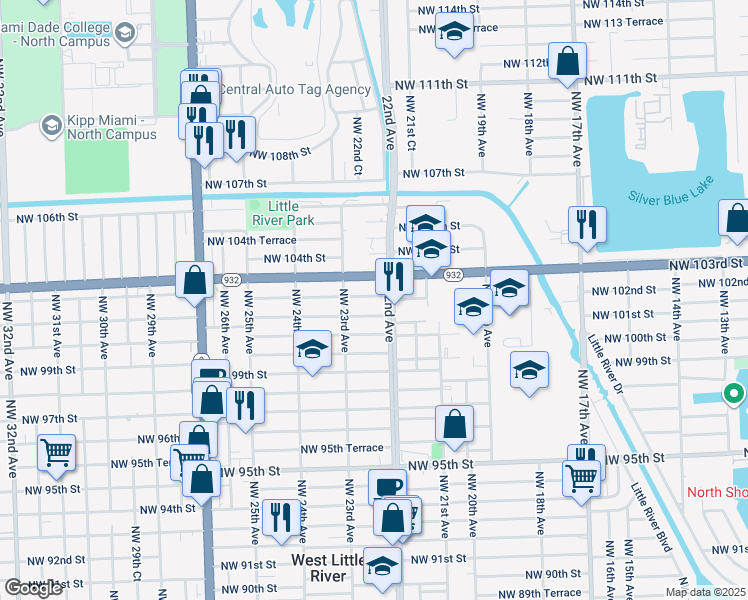 map of restaurants, bars, coffee shops, grocery stores, and more near 2238 Northwest 102nd Street in Miami