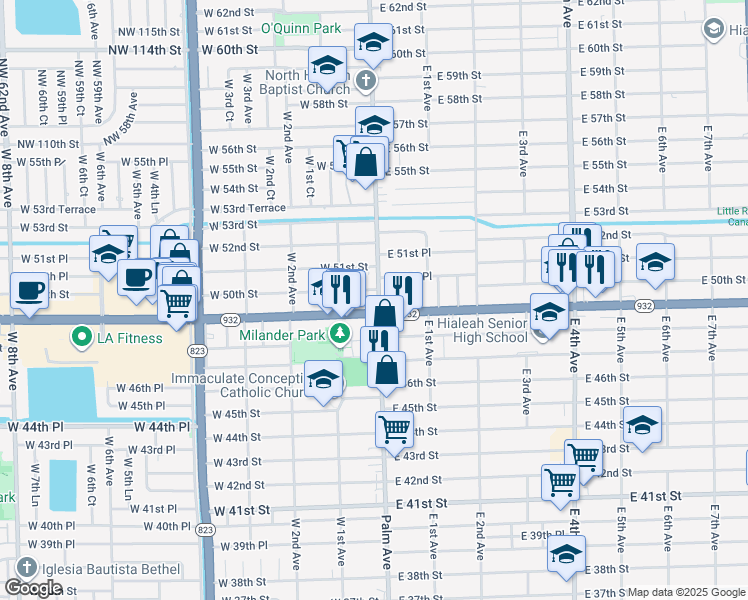 map of restaurants, bars, coffee shops, grocery stores, and more near 4982 Palm Avenue in Hialeah