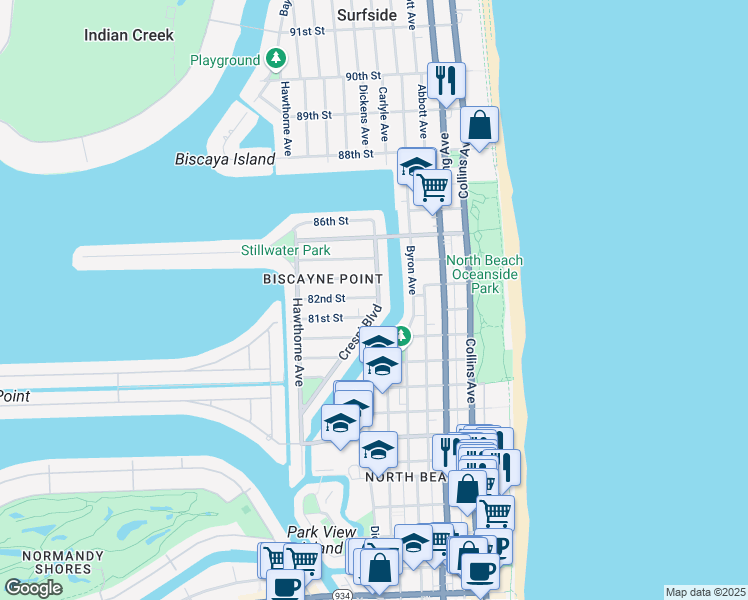 map of restaurants, bars, coffee shops, grocery stores, and more near 626 82nd Street in Miami Beach