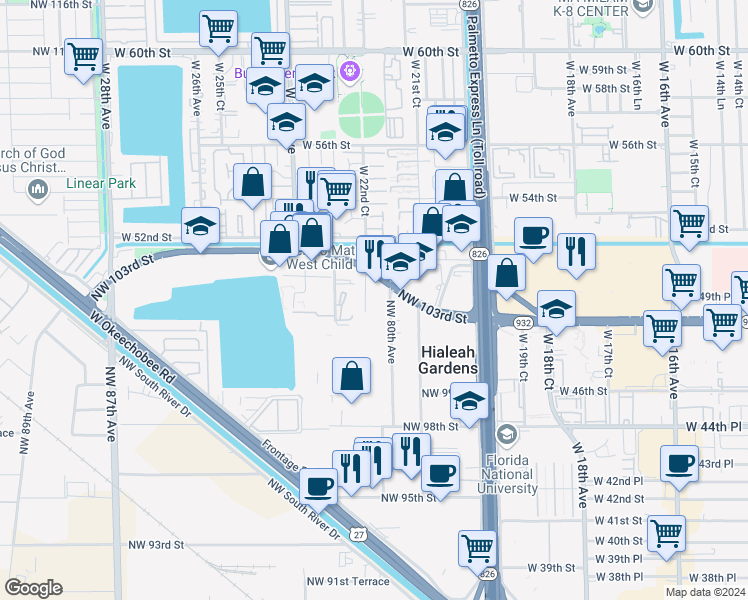 map of restaurants, bars, coffee shops, grocery stores, and more near 15 Northwest 81st Avenue in Hialeah Gardens