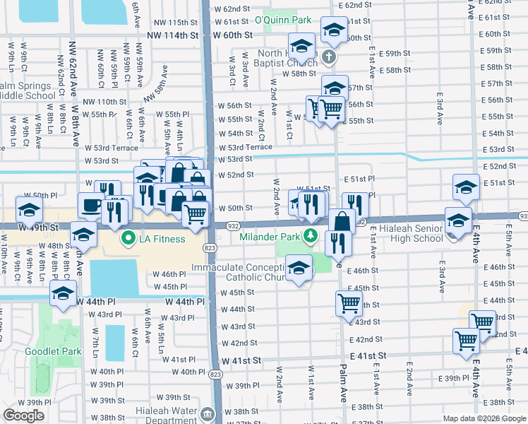 map of restaurants, bars, coffee shops, grocery stores, and more near 248 West 50th Street in Hialeah