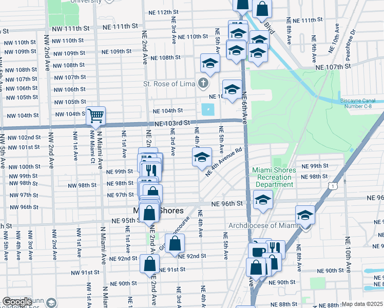 map of restaurants, bars, coffee shops, grocery stores, and more near 379 Northeast 100th Street in Miami Shores