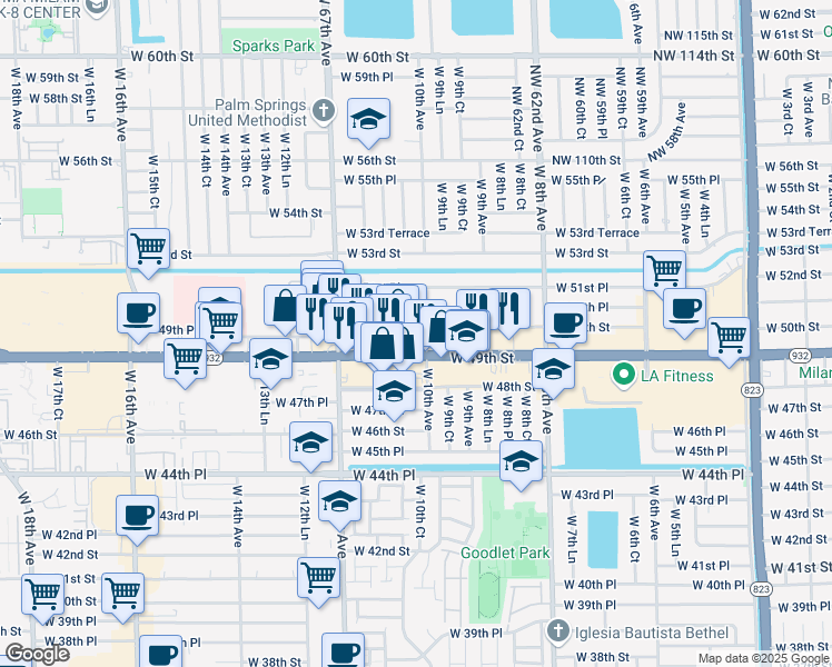 map of restaurants, bars, coffee shops, grocery stores, and more near 4980 West 10th Avenue in Hialeah
