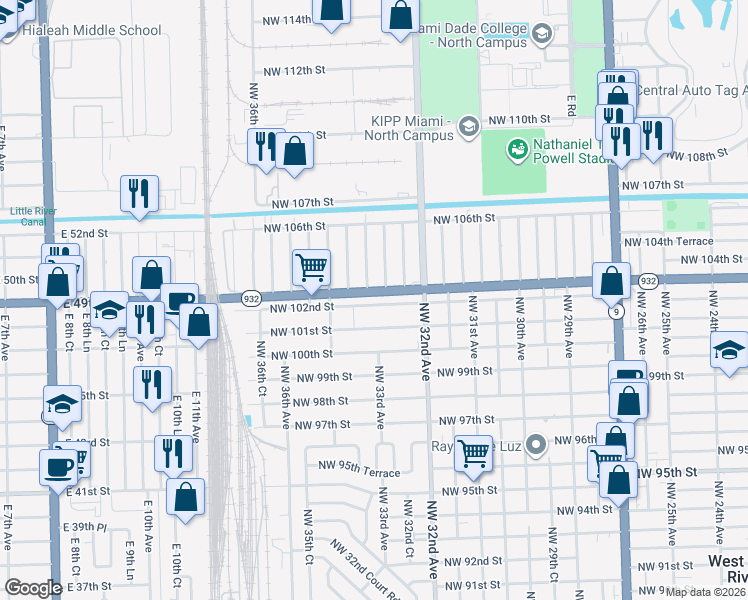 map of restaurants, bars, coffee shops, grocery stores, and more near 3301 Northwest 102nd Street in Miami