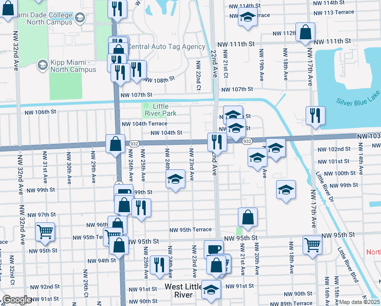 map of restaurants, bars, coffee shops, grocery stores, and more near 2306A Northwest 102nd Street in Miami
