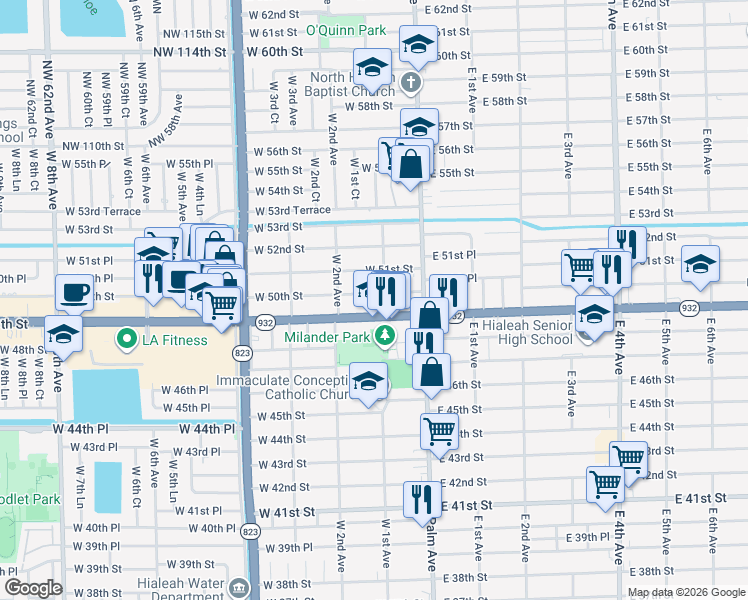 map of restaurants, bars, coffee shops, grocery stores, and more near 90 West 50th Street in Hialeah