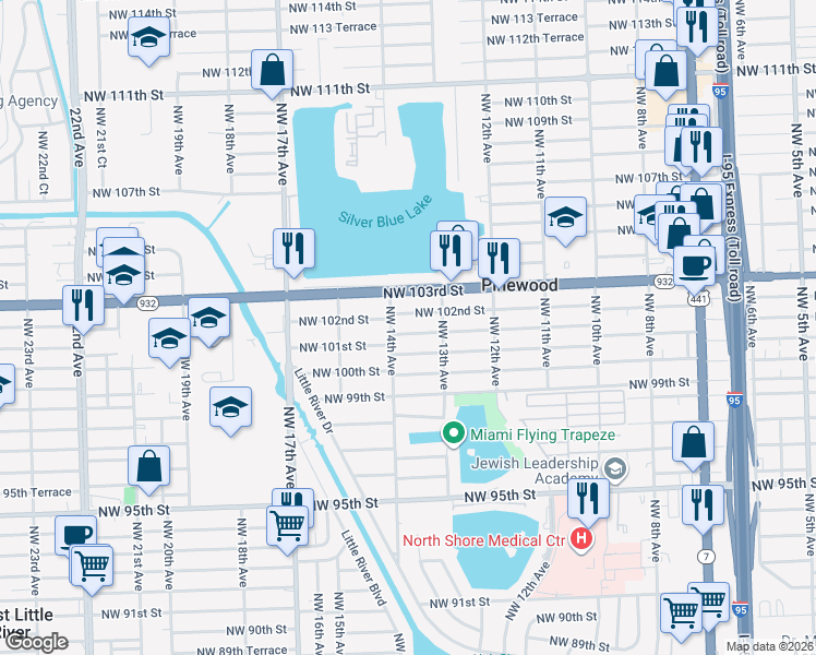 map of restaurants, bars, coffee shops, grocery stores, and more near 1371 Northwest 101st Street in Miami