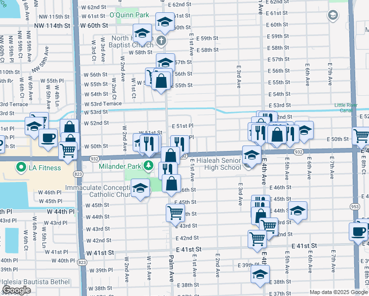 map of restaurants, bars, coffee shops, grocery stores, and more near 4950 East Palm Court in Hialeah