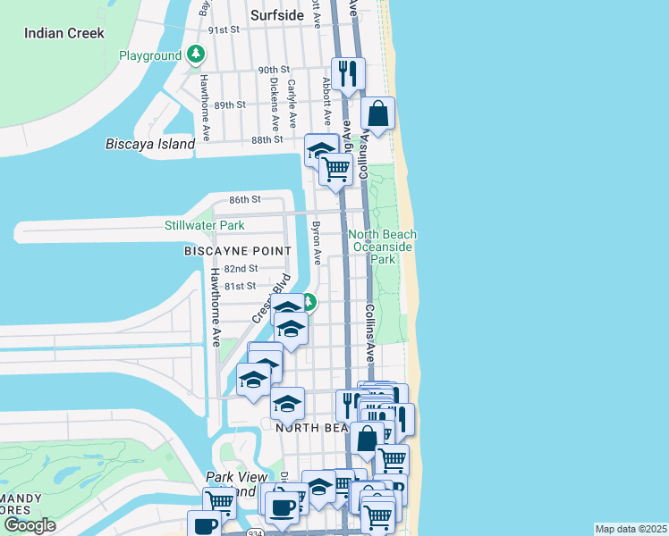 map of restaurants, bars, coffee shops, grocery stores, and more near 8255 Abbott Avenue in Miami Beach
