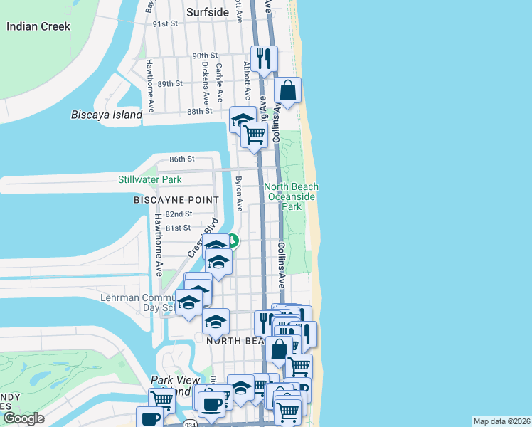 map of restaurants, bars, coffee shops, grocery stores, and more near 8216 Florida A1A in Miami Beach