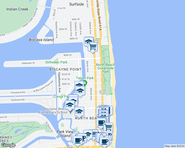 map of restaurants, bars, coffee shops, grocery stores, and more near 8216 Florida A1A in Miami Beach
