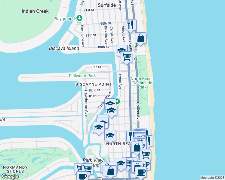 map of restaurants, bars, coffee shops, grocery stores, and more near 626 82nd Street in Miami Beach