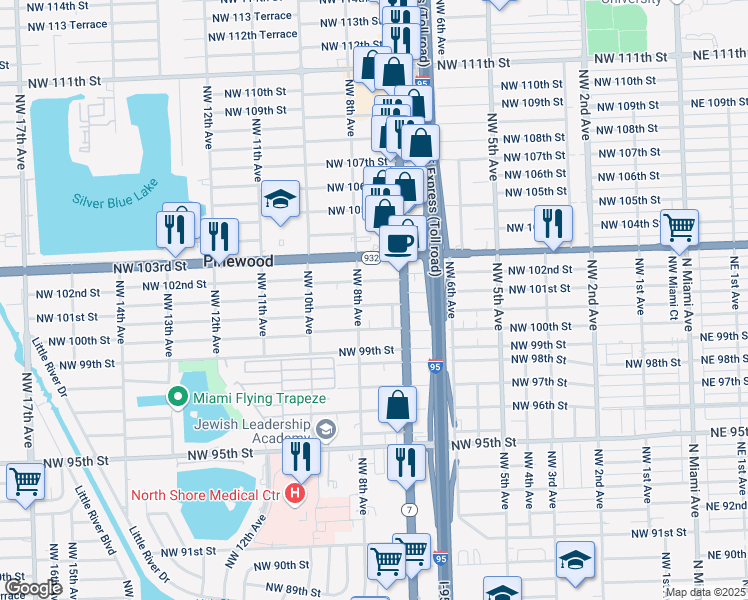 map of restaurants, bars, coffee shops, grocery stores, and more near 751 Northwest 101st Street in Miami