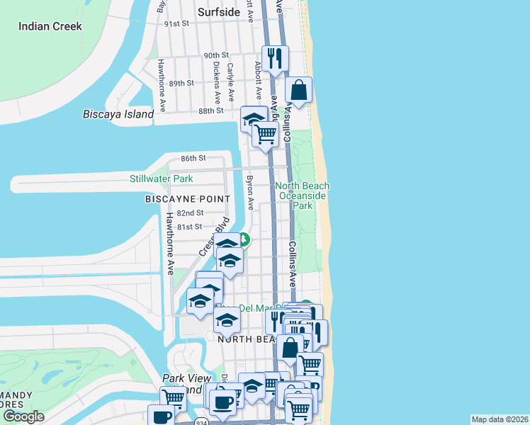 map of restaurants, bars, coffee shops, grocery stores, and more near 8216 Florida A1A in Miami Beach