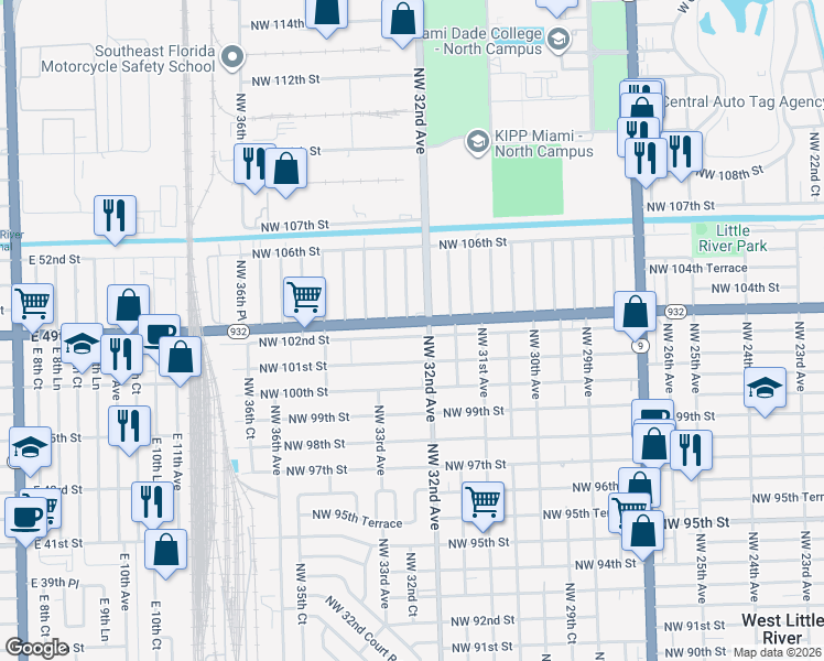 map of restaurants, bars, coffee shops, grocery stores, and more near 3229 Northwest 102nd Street in Miami