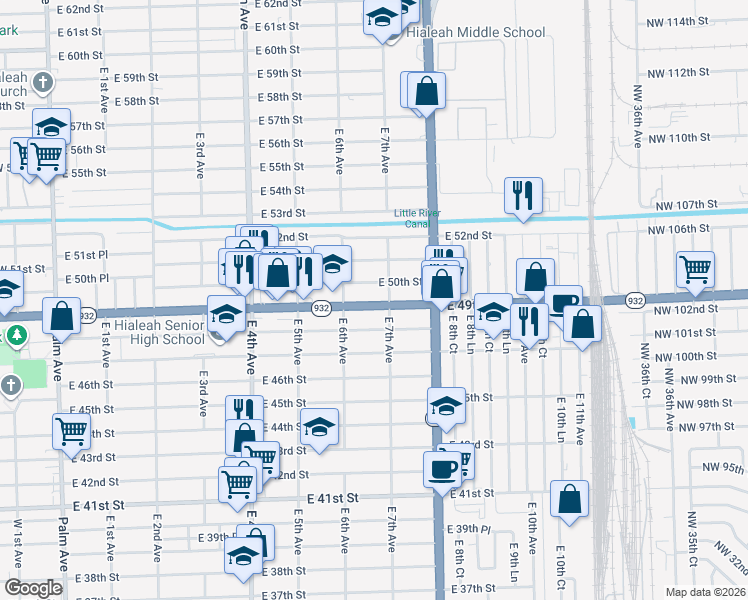map of restaurants, bars, coffee shops, grocery stores, and more near 665 East 49th Street in Hialeah