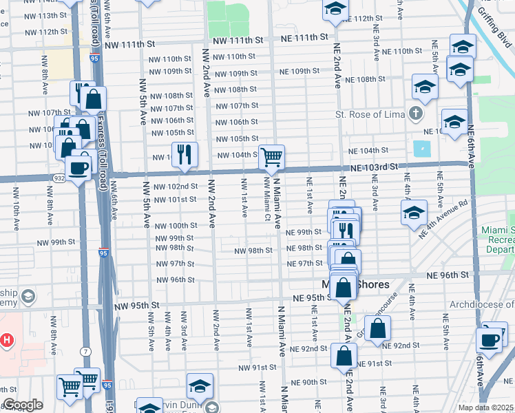 map of restaurants, bars, coffee shops, grocery stores, and more near 39 Northwest 100th Terrace in Miami Shores