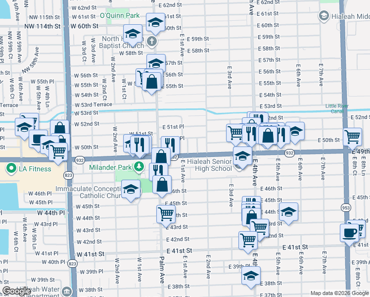 map of restaurants, bars, coffee shops, grocery stores, and more near 4950 East Palm Court in Hialeah