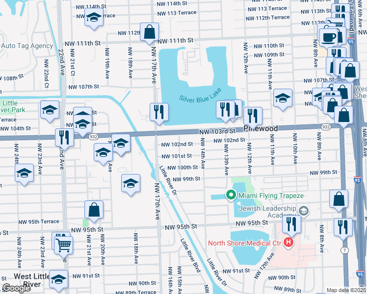 map of restaurants, bars, coffee shops, grocery stores, and more near 1438 Northwest 102nd Street in Miami