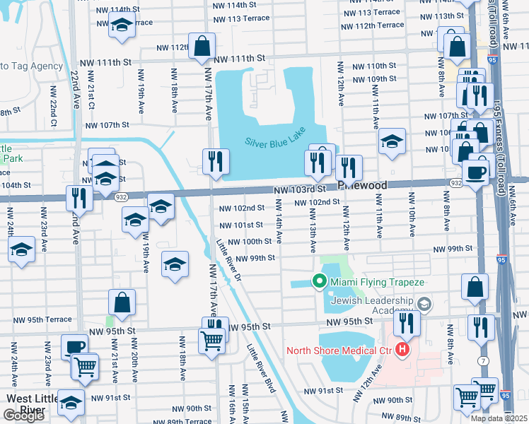 map of restaurants, bars, coffee shops, grocery stores, and more near 1438 Northwest 102nd Street in Miami