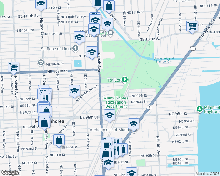 map of restaurants, bars, coffee shops, grocery stores, and more near 675 Grand Concourse in Miami Shores