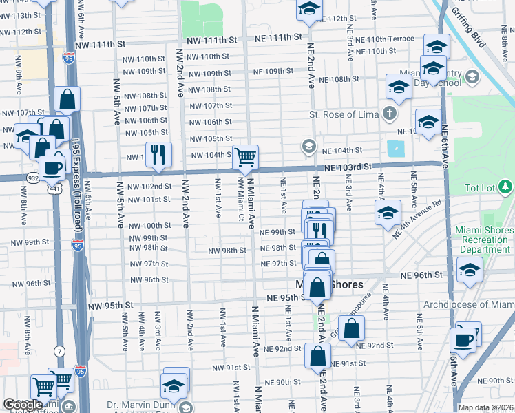 map of restaurants, bars, coffee shops, grocery stores, and more near 12 Northeast 101st Street in Miami Shores