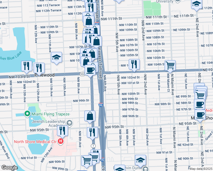 map of restaurants, bars, coffee shops, grocery stores, and more near 596 Northwest 101st Street in Miami