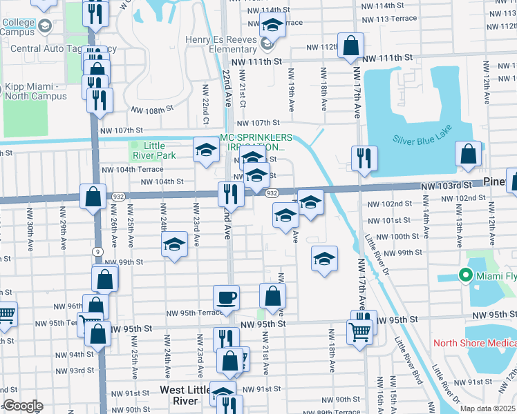 map of restaurants, bars, coffee shops, grocery stores, and more near 10201 Northwest 21st Court in Miami