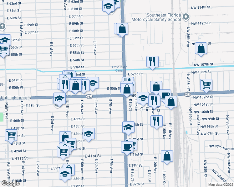 map of restaurants, bars, coffee shops, grocery stores, and more near 755 East 49th Street in Hialeah