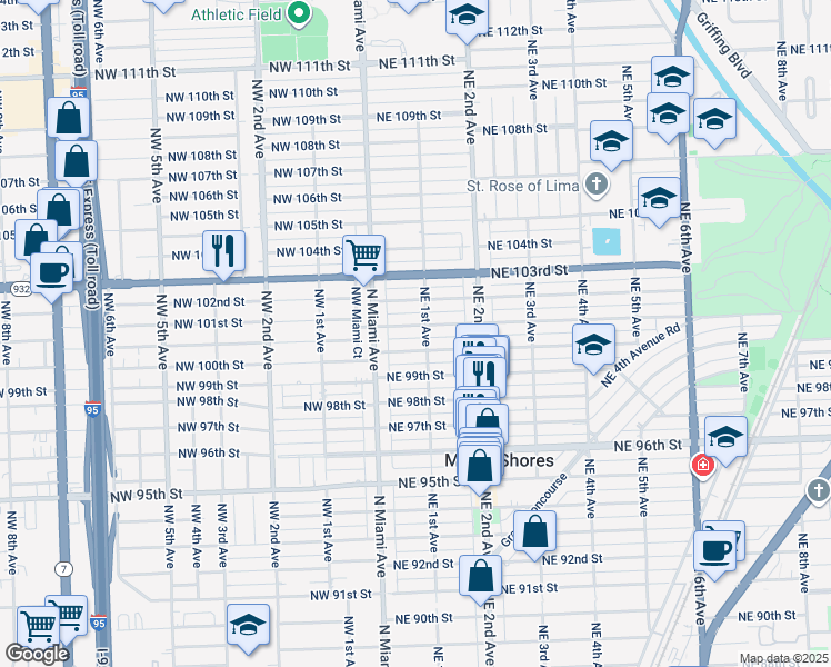 map of restaurants, bars, coffee shops, grocery stores, and more near 78 Northeast 101st Street in Miami Shores
