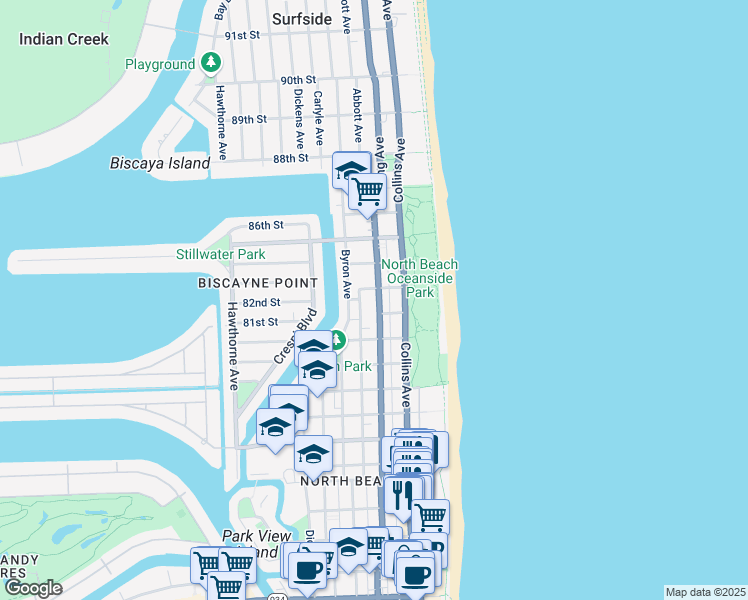 map of restaurants, bars, coffee shops, grocery stores, and more near 8224 Harding Avenue in Miami Beach