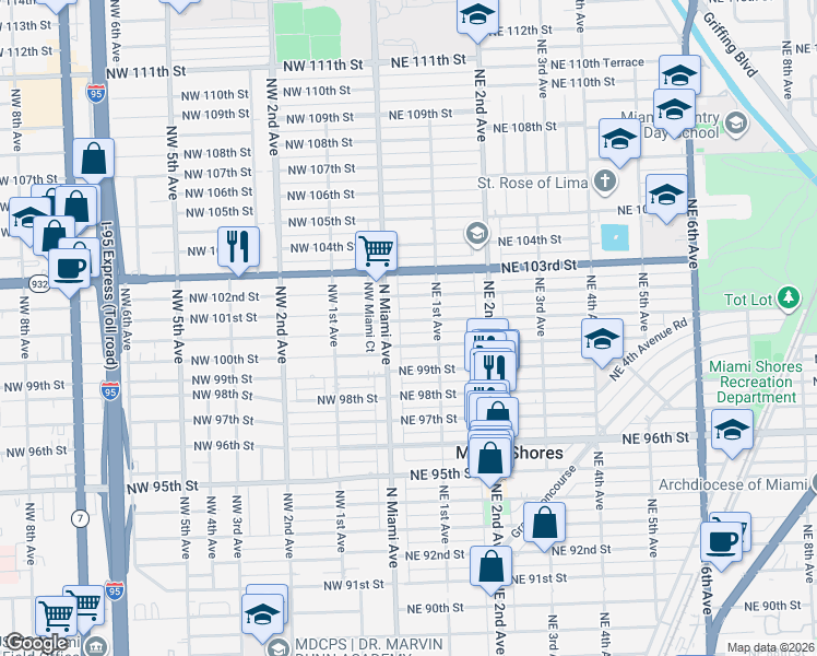 map of restaurants, bars, coffee shops, grocery stores, and more near 12 Northeast 101st Street in Miami Shores