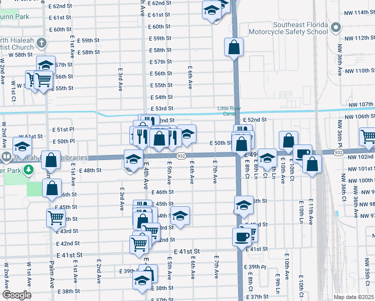 map of restaurants, bars, coffee shops, grocery stores, and more near 585 East 49th Street in Hialeah
