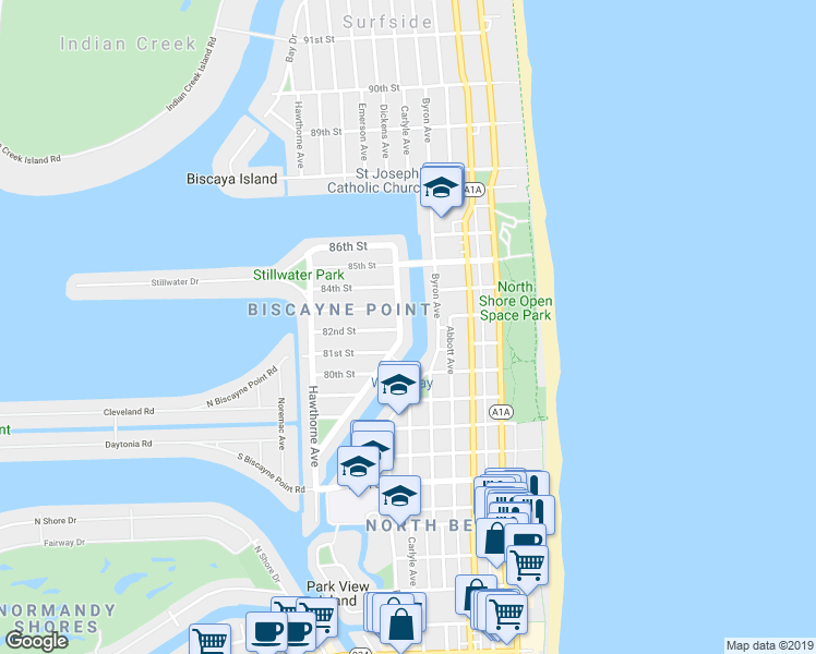 map of restaurants, bars, coffee shops, grocery stores, and more near 626 82nd Street in Miami Beach
