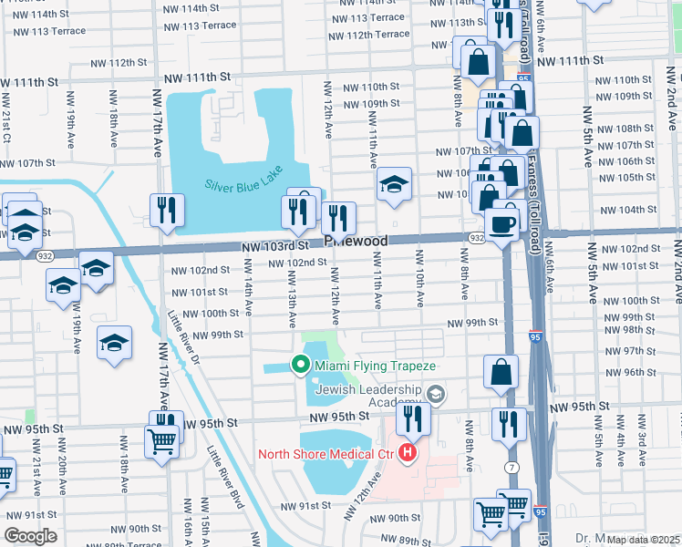 map of restaurants, bars, coffee shops, grocery stores, and more near 1149 Northwest 101st Street in Miami
