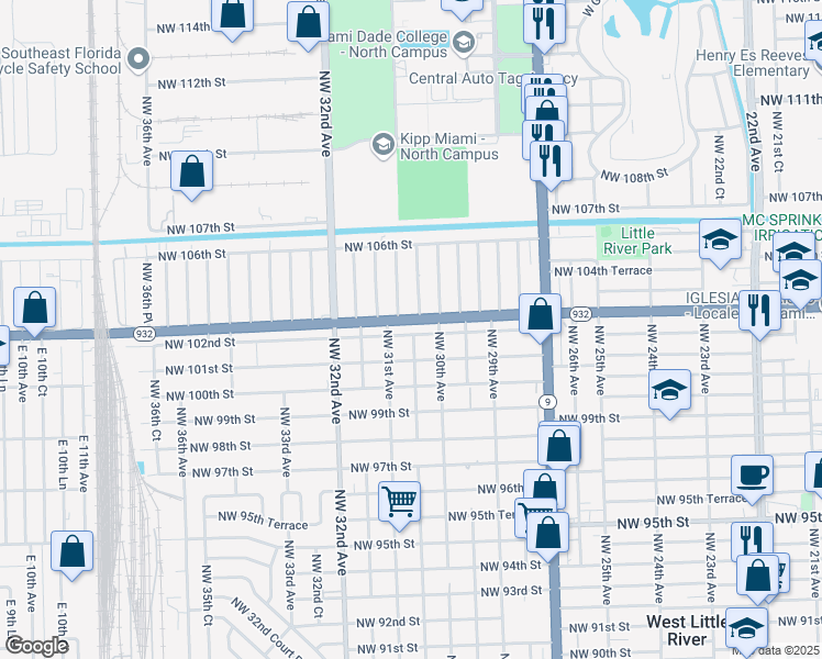 map of restaurants, bars, coffee shops, grocery stores, and more near 3087 Northwest 102nd Street in Miami