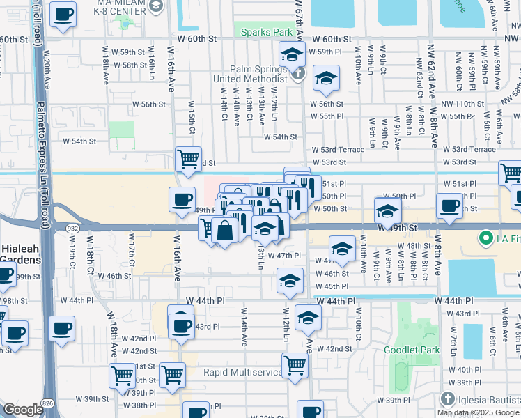 map of restaurants, bars, coffee shops, grocery stores, and more near 1335W West 49th Place in Hialeah