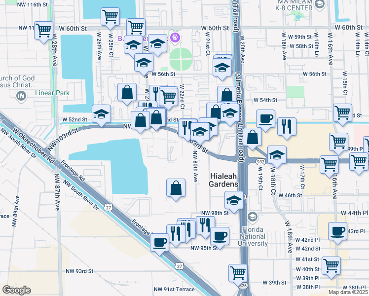 map of restaurants, bars, coffee shops, grocery stores, and more near 15 Northwest 81st Avenue in Hialeah Gardens